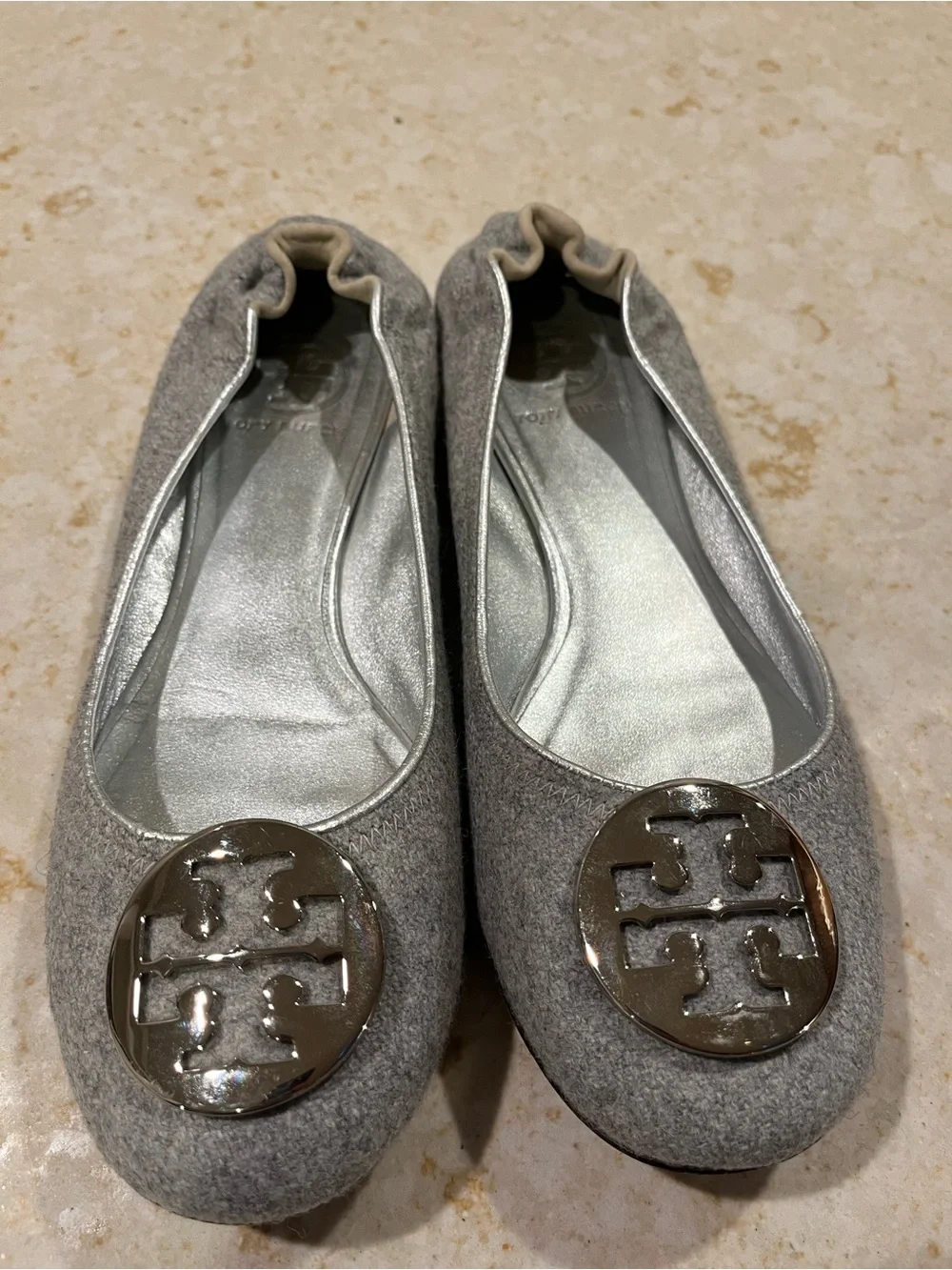 Tory Burch Light Gray Logo Ballet Flats
